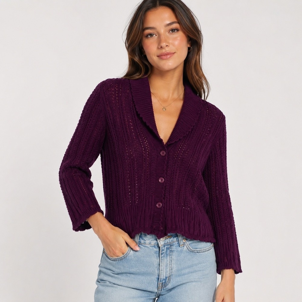 Notations Open Knit Cardigan Sweater Womens L Purple Shawl Collar Whimsigoth